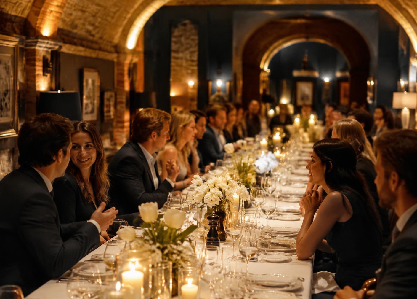 Guests gathered around an intimate candlelit dinner table