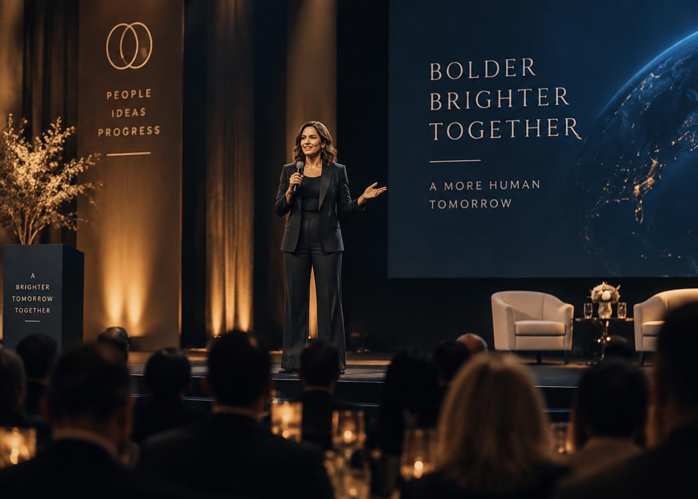 A keynote speaker presenting on a warmly lit stage